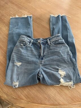 Hollister Light Blue High-Rise Distressed Straight Jeans
